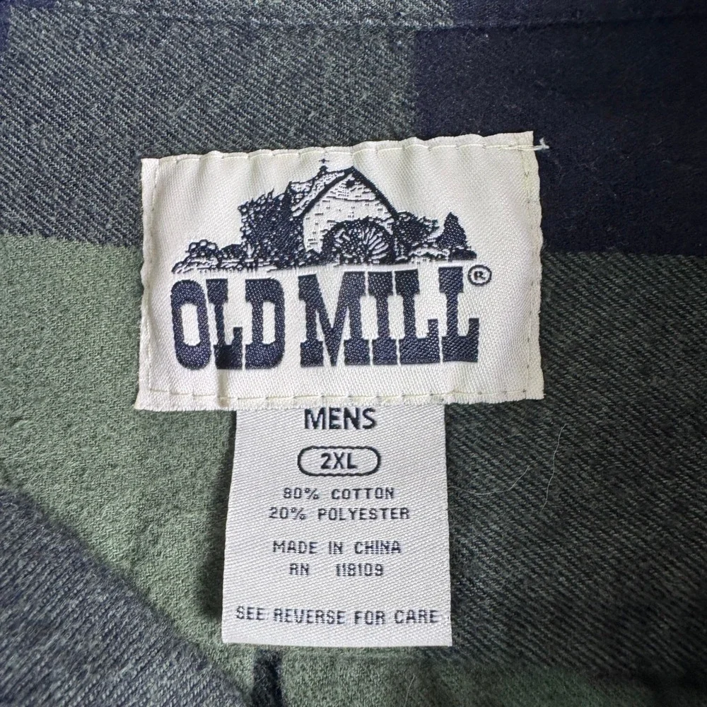 Old Mill Mens 2XL Flannel Shirt Green Black Buffalo Plaid Long Sleeve Button Up - Picture 2 of 5
